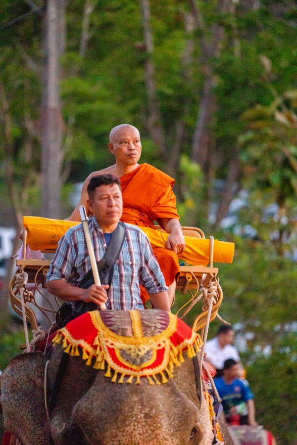 พระสงฆ์ร่วมขบวนช้างในงานประเพณีแห่ผ้าขึ้นธาตุ